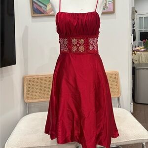 Red Embroidered Waist Cocktail Dress